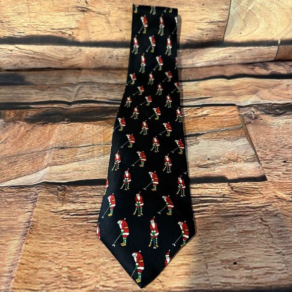 Golfing Santa Claus Necktie Black St Nick’s Tie Shop USA 100% Silk Christmas AOP - Picture 2 of 6